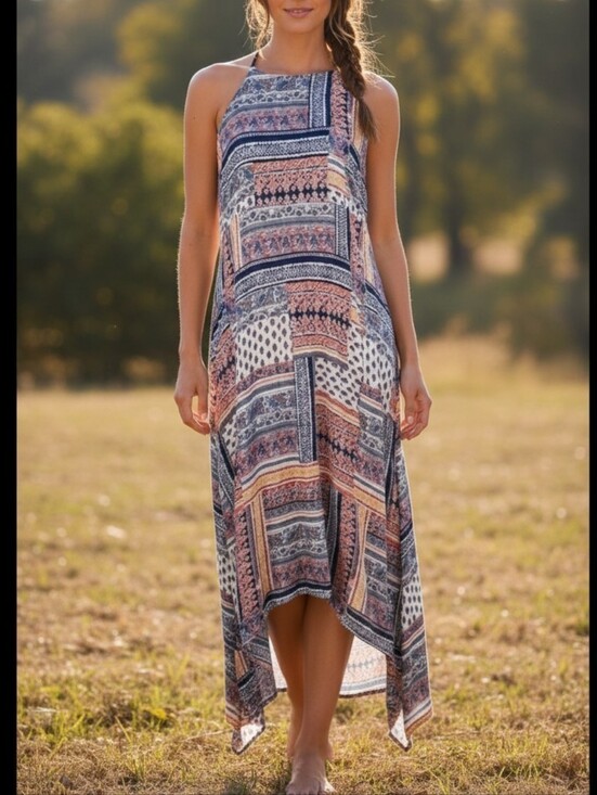 Full Tilt Dresses & Skirts - Boho Beach Asymmetrical Dress Navy Blue Orange Multicolor Sundress Bohemian, L